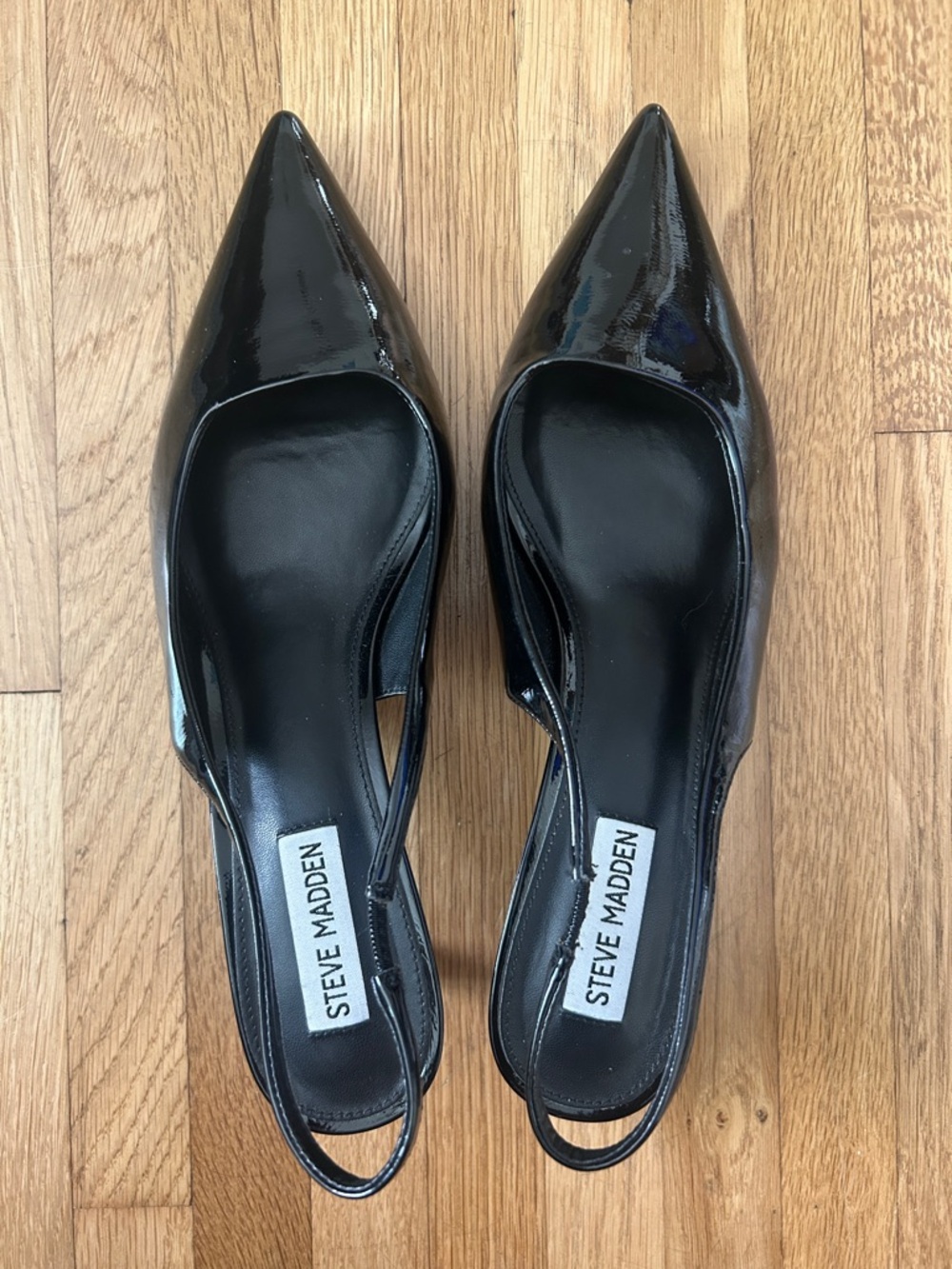 Steve Madden Black Patent Pointed Toe Slingback Kitten Heels
